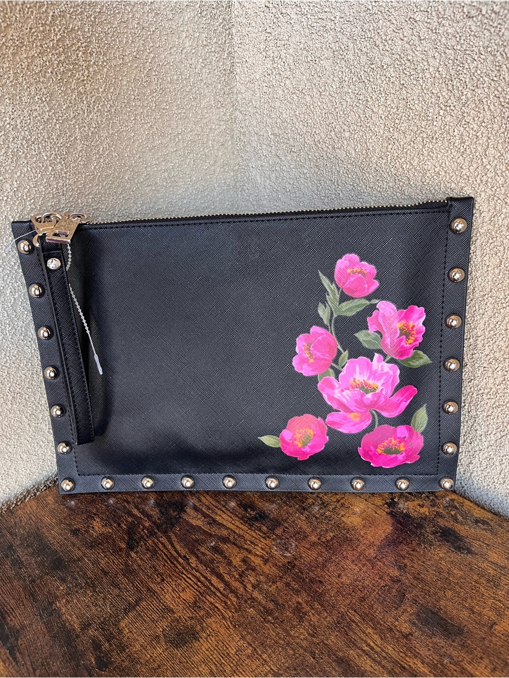 White House Black Market Black Wristlet Clutch with Pink Floral Print